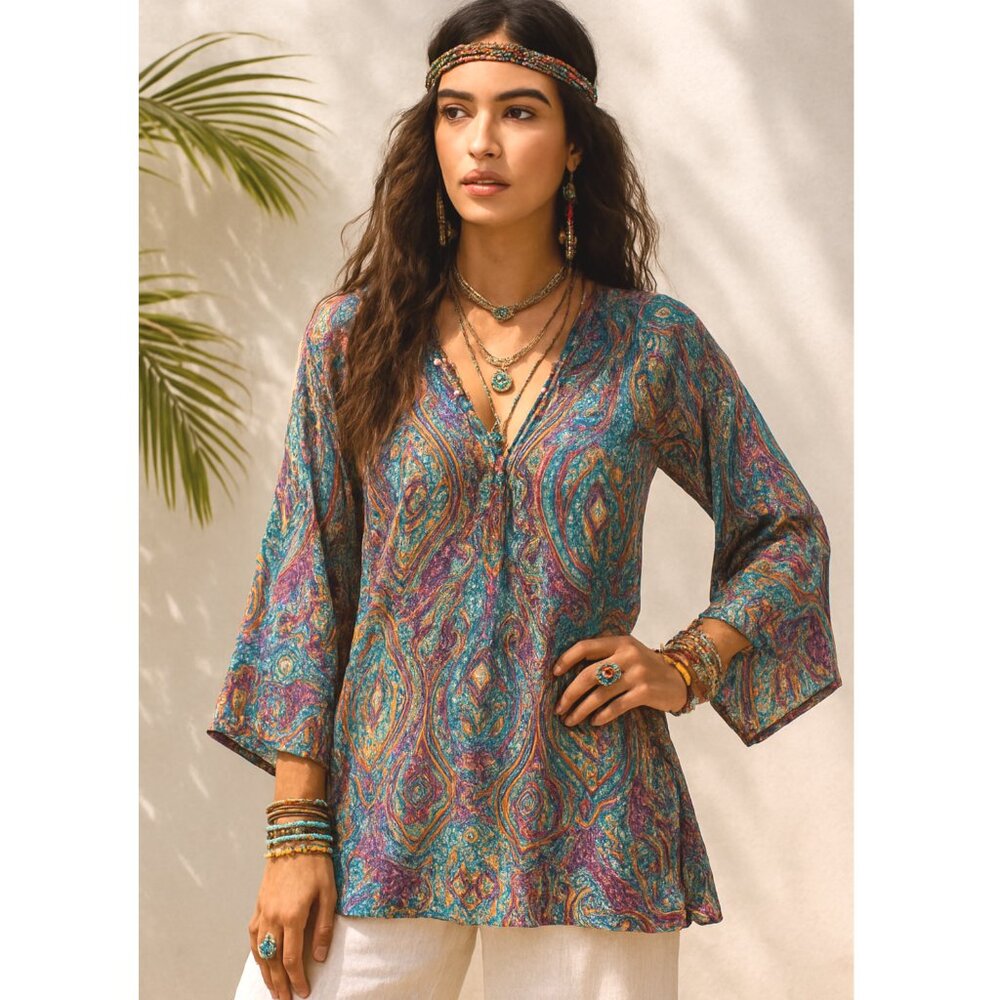 ZARA Tunic Top Paisley Print 70s Style Flare Sleeves V-neck sz M Boho Hippie Y2K